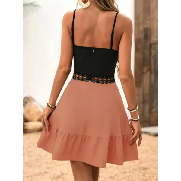 Kadın Ip Askılı Kruvaze Yaka Bel Dantel Ithal Krep Elbise