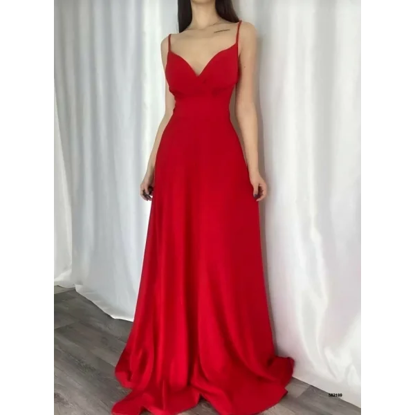 Kadın Ip Askılı Kruvaze Yaka Maxi Boy Abiye Elbise