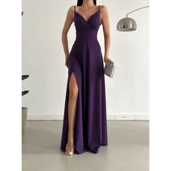 Kadın Ip Askılı Kruvaze Yaka Maxi Boy Abiye Elbise