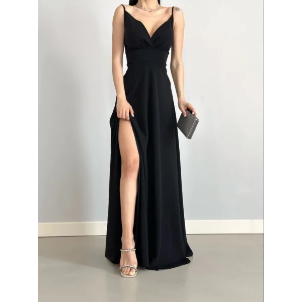 Kadın Ip Askılı Kruvaze Yaka Maxi Boy Abiye Elbise