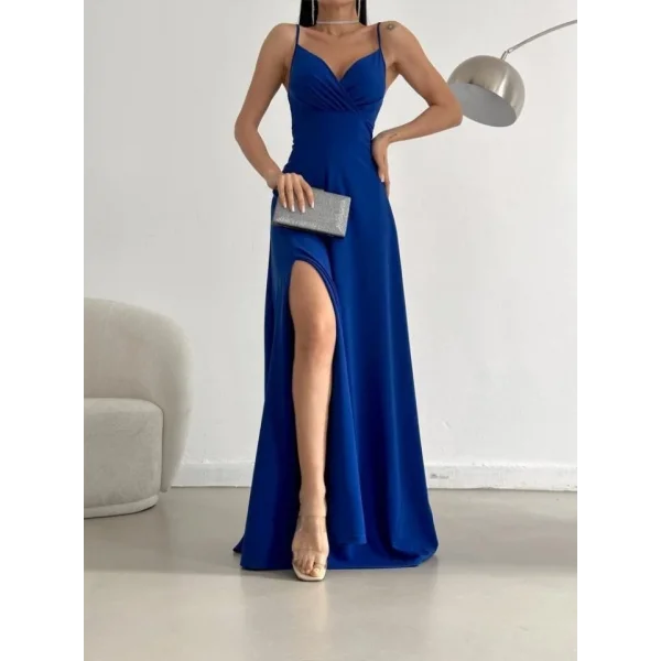 Kadın Ip Askılı Kruvaze Yaka Maxi Boy Abiye Elbise