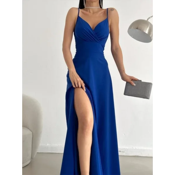 Kadın Ip Askılı Kruvaze Yaka Maxi Boy Abiye Elbise