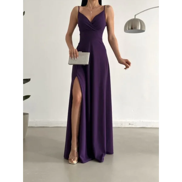 Kadın Ip Askılı Kruvaze Yaka Maxi Boy Abiye Elbise