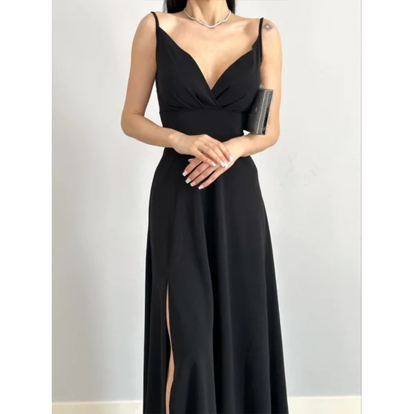 Kadın Ip Askılı Kruvaze Yaka Maxi Boy Abiye Elbise