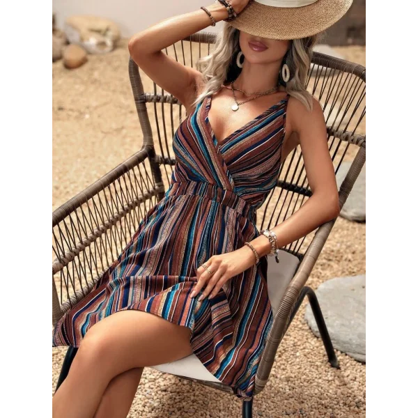 Kadın Ip Askılı Kruvaze Yakalı Beli Lastikli Desenli Süprem Elbise