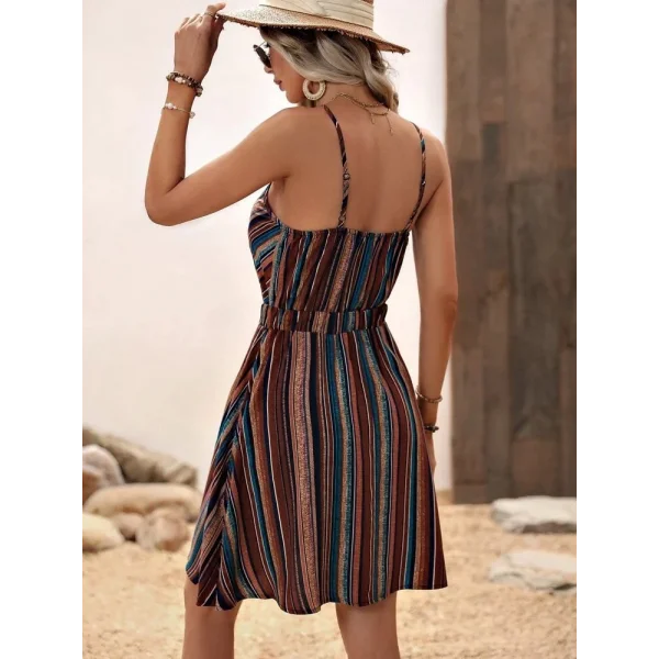 Kadın Ip Askılı Kruvaze Yakalı Beli Lastikli Desenli Süprem Elbise