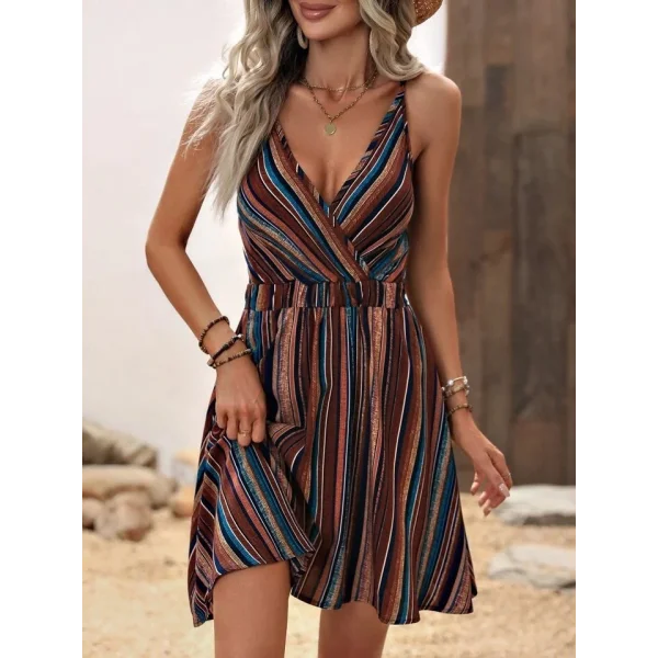 Kadın Ip Askılı Kruvaze Yakalı Beli Lastikli Desenli Süprem Elbise