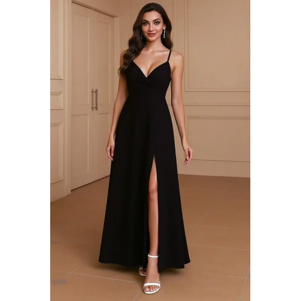 Kadın Ip Askılı Kruvaze Yakalı Derin Dekolteli Yırtmaçlı Ithal Krep Elbise