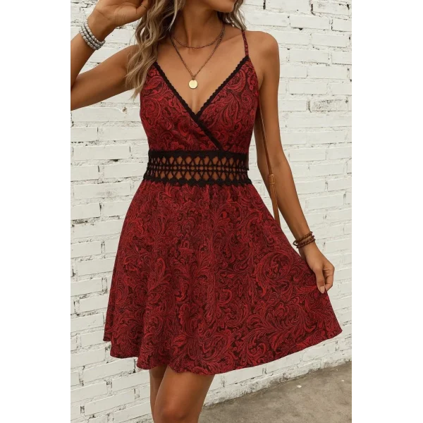 Kadın Ip Askılı Kruvaze Yakalı Desenli Mini Süprem Mini Elbise