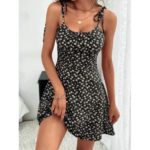 Kadın Ip Askılı Omuzlardan Bağcıklı çiçek Desenli Süprem Elbise