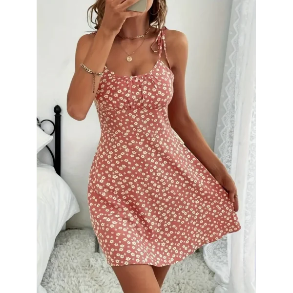 Kadın Ip Askılı Omuzlardan Bağcıklı çiçek Desenli Süprem Elbise