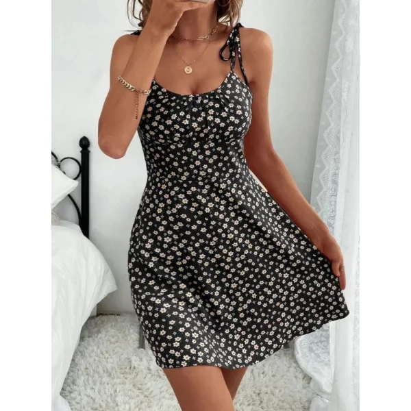 Kadın Ip Askılı Omuzlardan Bağcıklı çiçek Desenli Süprem Elbise