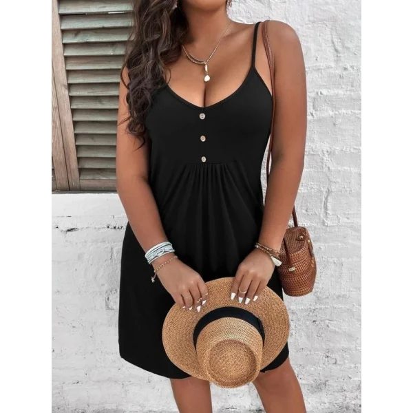 Kadın Ip Askılı önü Düğmeli Kısa Viskon Elbise