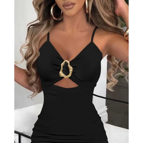 Kadın Ip Askılı Toka Detaylı Yırtmaçlı Janjan Krep Elbise