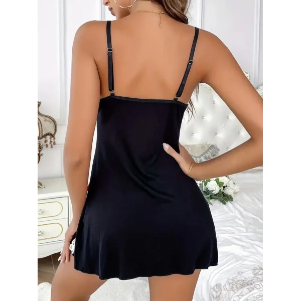 Kadın Ip Askılı V Yaka Dantel Detaylı Pamuklu Viskon Kumaş Gecelik Elbise