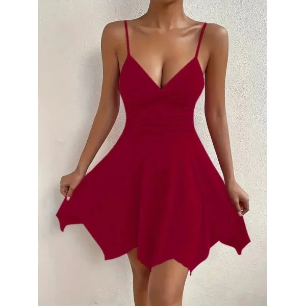 Kadın Ip Askılı V Yakalı Asimetrik Kesim Detaylı Janjan Krep Elbise