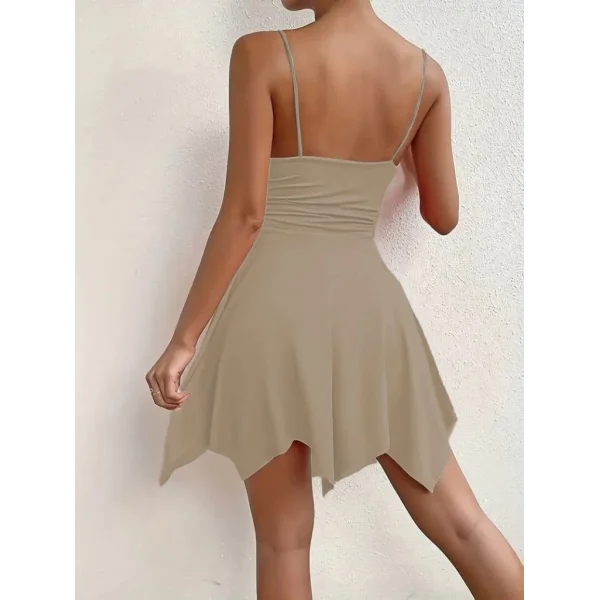 Kadın Ip Askılı V Yakalı Asimetrik Kesim Detaylı Janjan Krep Elbise