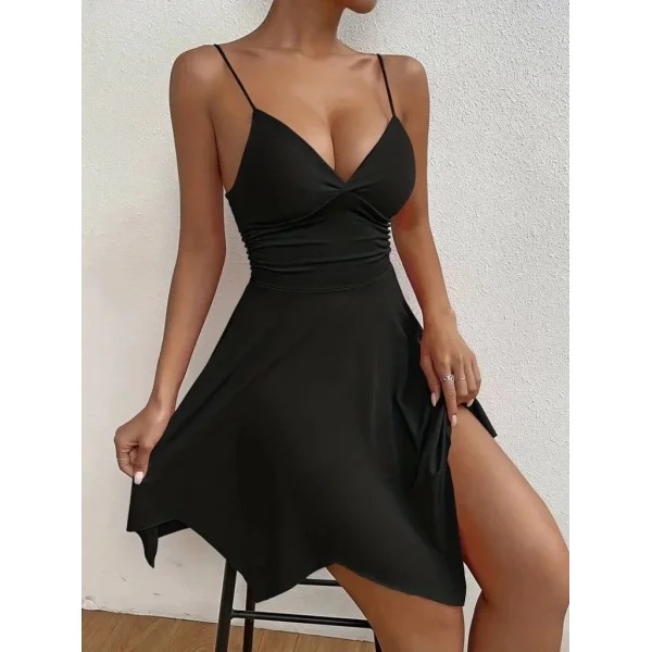 Kadın Ip Askılı V Yakalı Asimetrik Kesim Detaylı Janjan Krep Elbise