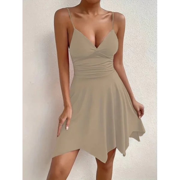 Kadın Ip Askılı V Yakalı Asimetrik Kesim Detaylı Janjan Krep Elbise