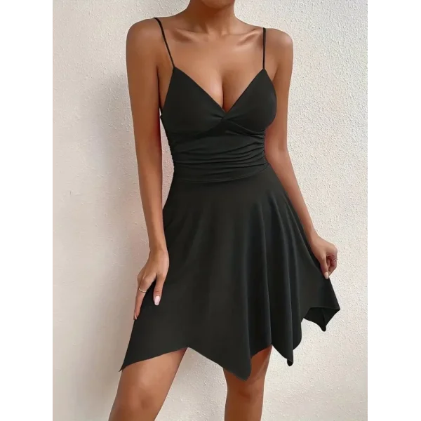 Kadın Ip Askılı V Yakalı Asimetrik Kesim Detaylı Janjan Krep Elbise