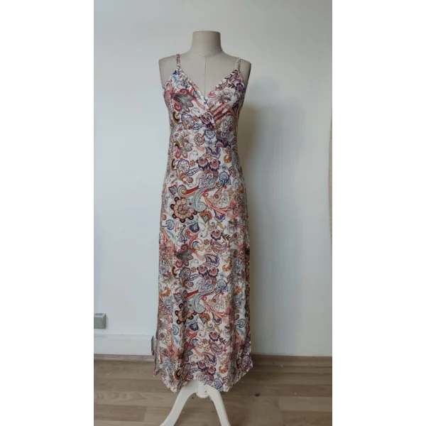 Kadın Ip Askılı V Yakalı Baskılı Yırtmaçlı Süprem Uzun Elbise