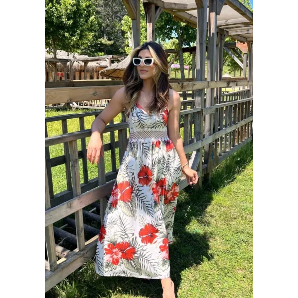 Kadın Ip Askılı V Yakalı Bel Güpür çiçek Desenli Yandan Yırtmaçlı Maksi Süprem Elbise