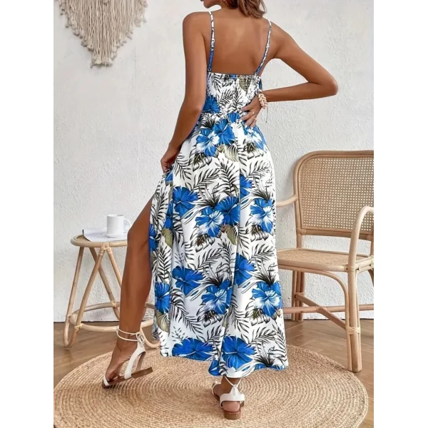 Kadın Ip Askılı V Yakalı Bel Güpür çiçek Desenli Yandan Yırtmaçlı Maksi Süprem Elbise