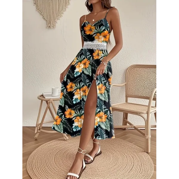 Kadın Ip Askılı V Yakalı Bel Güpür çiçek Desenli Yandan Yırtmaçlı Maksi Süprem Elbise