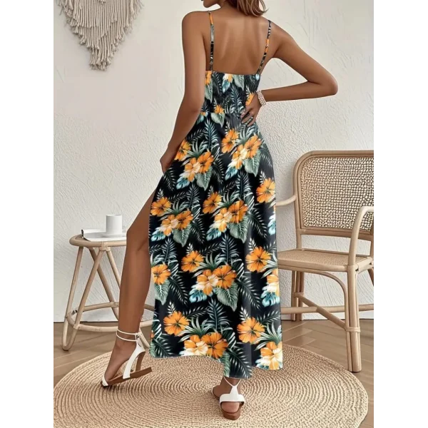 Kadın Ip Askılı V Yakalı Bel Güpür çiçek Desenli Yandan Yırtmaçlı Maksi Süprem Elbise