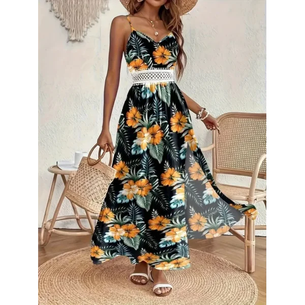 Kadın Ip Askılı V Yakalı Bel Güpür çiçek Desenli Yandan Yırtmaçlı Maksi Süprem Elbise