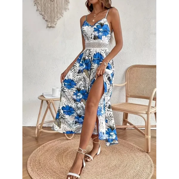 Kadın Ip Askılı V Yakalı Bel Güpür çiçek Desenli Yandan Yırtmaçlı Maksi Süprem Elbise