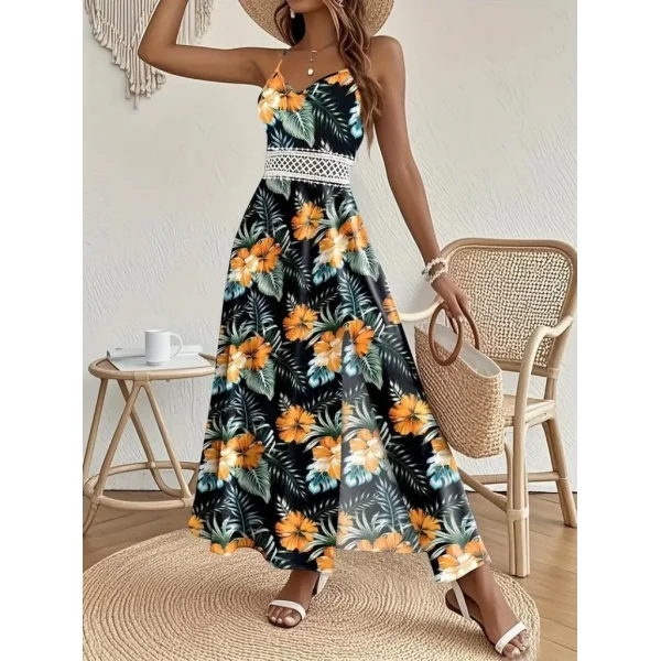 Kadın Ip Askılı V Yakalı Bel Güpür çiçek Desenli Yandan Yırtmaçlı Maksi Süprem Elbise