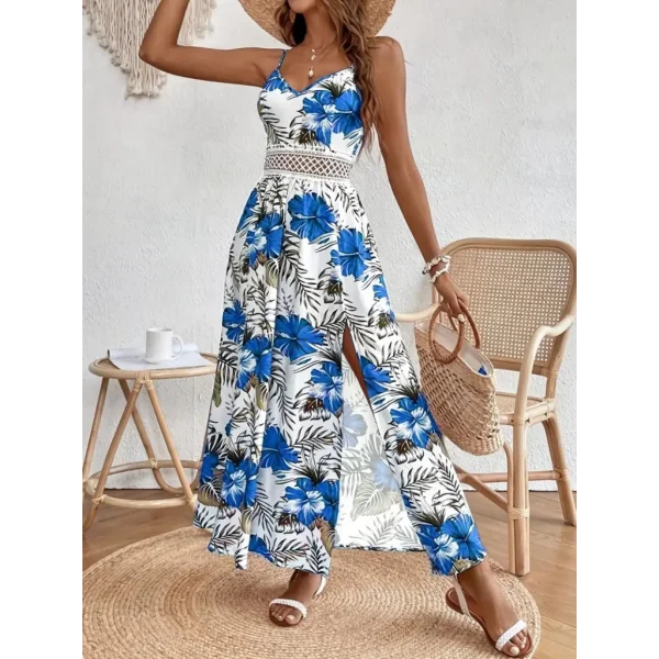 Kadın Ip Askılı V Yakalı Bel Güpür çiçek Desenli Yandan Yırtmaçlı Maksi Süprem Elbise