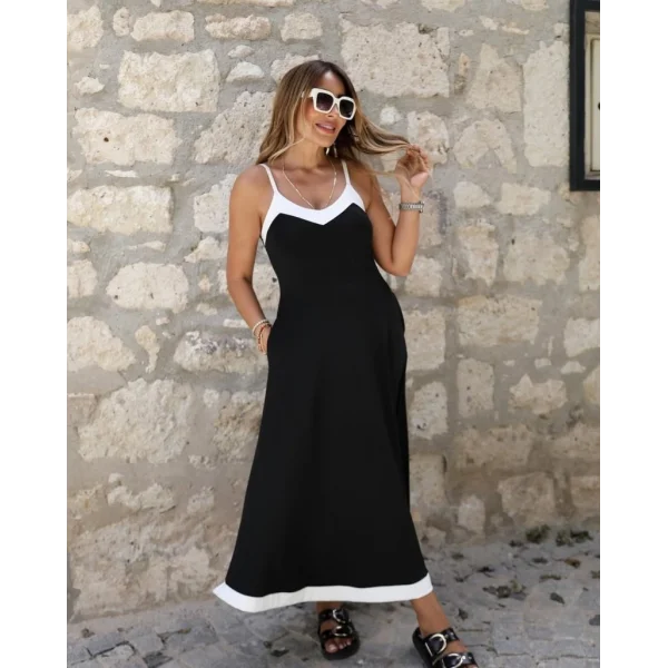 Kadın Ip Askılı V Yakalı çift Renkli Janjan Krep Elbise