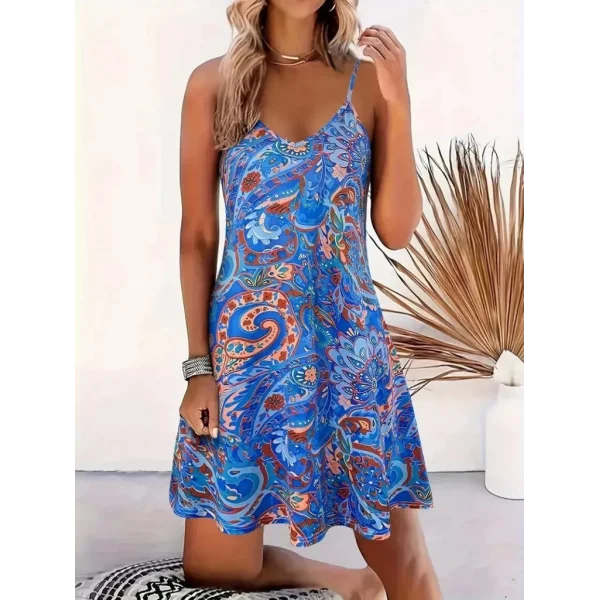 Kadın Ip Askılı V Yakalı Desenli Kısa Süprem Mini Elbise