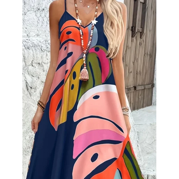 Kadın Ip Askılı V Yakalı Desenli Süprem Maxi Elbise