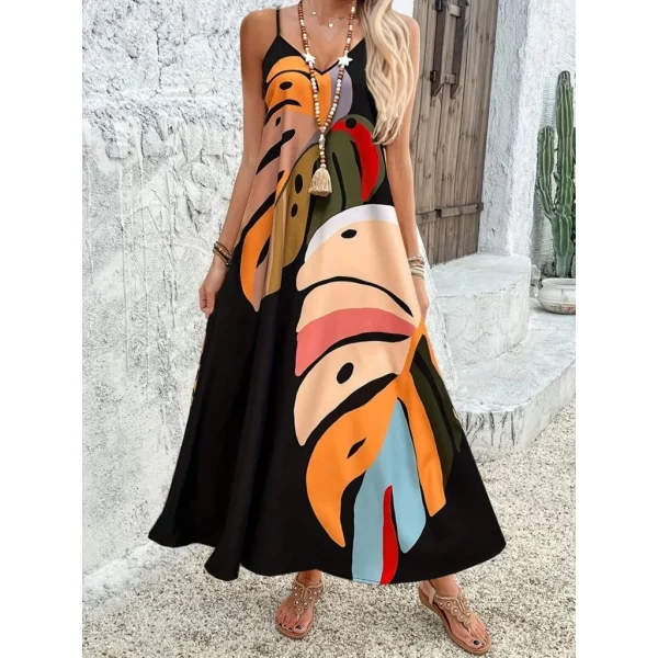 Kadın Ip Askılı V Yakalı Desenli Süprem Maxi Elbise