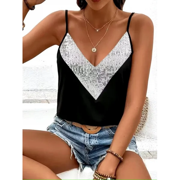 Kadın Ip Askılı V Yakalı Pulpayet Detaylı Sandy Gümüş Bluz