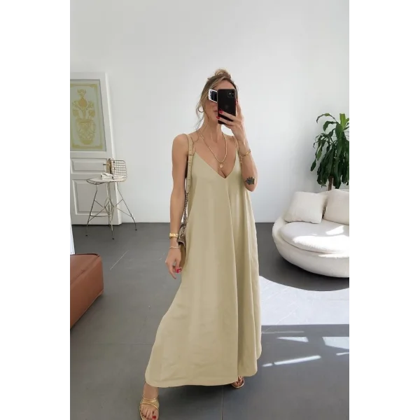 Kadın Ip Askılı V Yakalı Uzun Aerobin Elbise