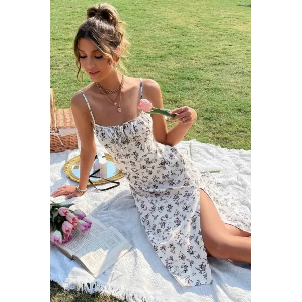 Kadın Ip Askılı Yakadan Bağcıklı Desenli Süprem Elbise