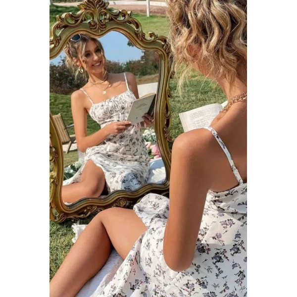 Kadın Ip Askılı Yakadan Bağcıklı Desenli Süprem Elbise