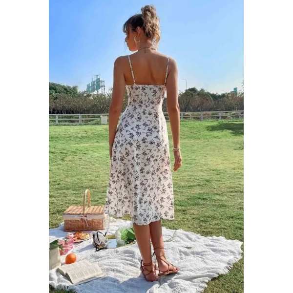 Kadın Ip Askılı Yakadan Bağcıklı Desenli Süprem Elbise