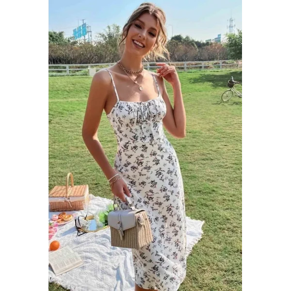 Kadın Ip Askılı Yakadan Bağcıklı Desenli Süprem Elbise