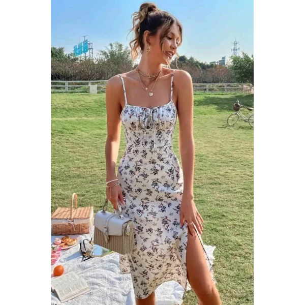 Kadın Ip Askılı Yakadan Bağcıklı Desenli Süprem Elbise