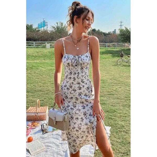 Kadın Ip Askılı Yakadan Bağcıklı Desenli Süprem Elbise