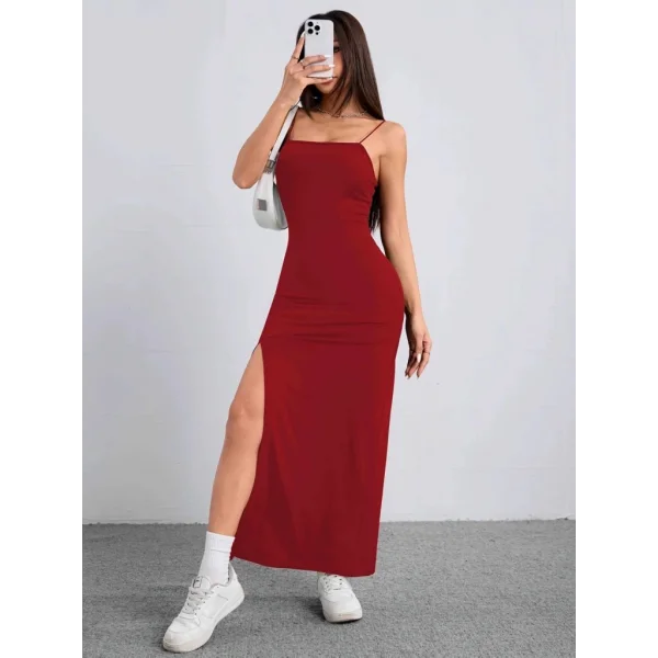 Kadın Ip Askılı Yandan Yırtmaçlı Janjan Krep Elbise