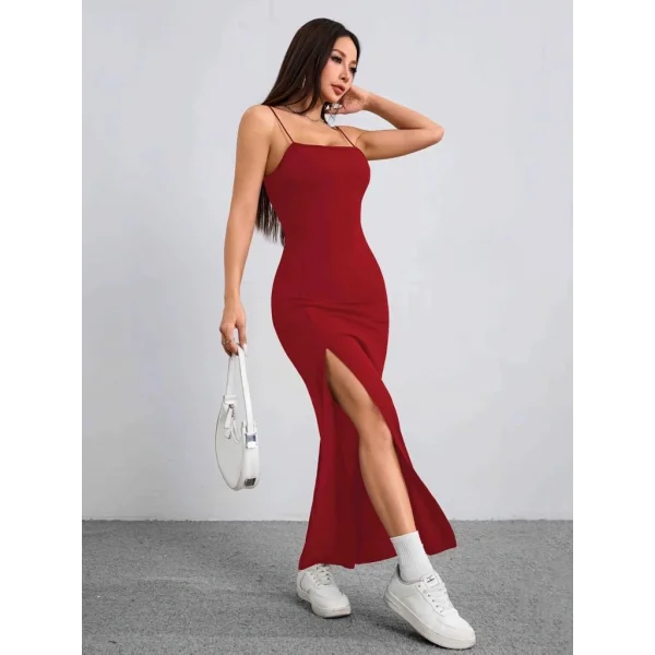 Kadın Ip Askılı Yandan Yırtmaçlı Janjan Krep Elbise