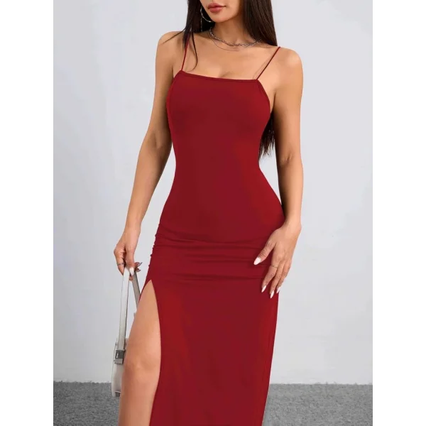 Kadın Ip Askılı Yandan Yırtmaçlı Janjan Krep Elbise