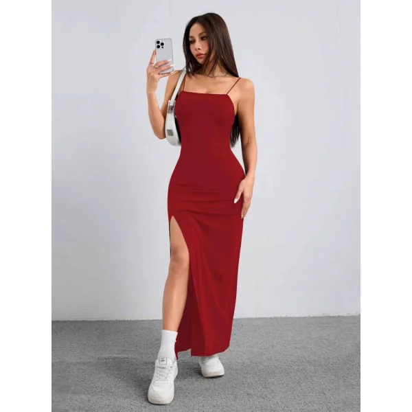 Kadın Ip Askılı Yandan Yırtmaçlı Janjan Krep Elbise