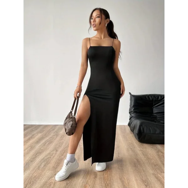 Kadın Ip Askılı Yandan Yırtmaçlı Janjan Krep Elbise